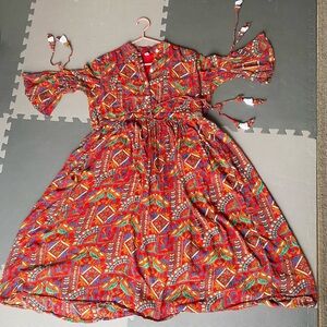 Women’s Red Patterned Boho Dress with Tie Waist
